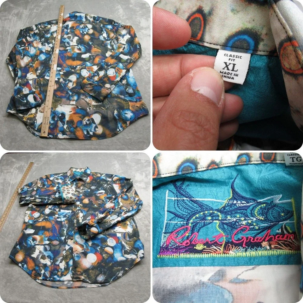 Robert Graham Shirt Mens XL Blue Abstract Classic Flip Cuff Button Down VTG Rare - Picture 1 of 16